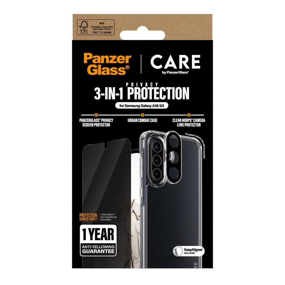 CARE by PanzerGlass Samsung Galaxy A36 (5G) 3-i-1 FLAGSHIP Bundle - Skal / Privacy Skärmskydd (UWF) / Kameraskydd - Genomskinlig / Svart