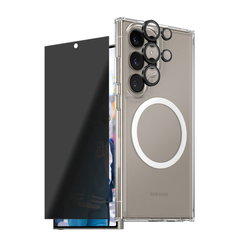 CARE by PanzerGlass Samsung Galaxy S25 Ultra 3-i-1 FLAGSHIP Bundle - Skal / Privacy Skärmskydd (UWF) / Kameraskydd - Genomskinlig / Vit