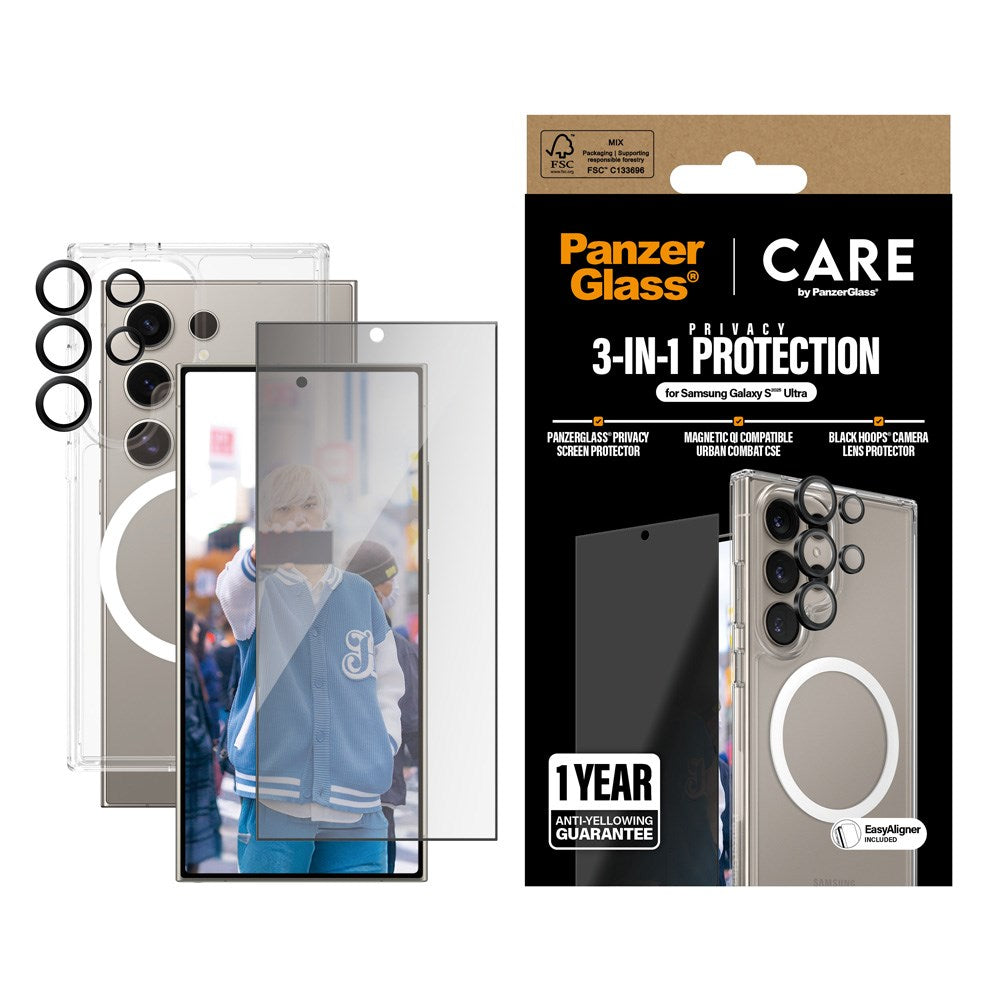 CARE by PanzerGlass Samsung Galaxy S25 Ultra 3-i-1 FLAGSHIP Bundle - Skal / Privacy Skärmskydd (UWF) / Kameraskydd - Genomskinlig / Vit