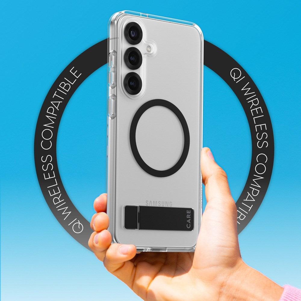 CARE by PanzerGlass Samsung Galaxy S25+ (Plus) Feature Kickstand Skal - Qi Kompatibel - Transparent / Black