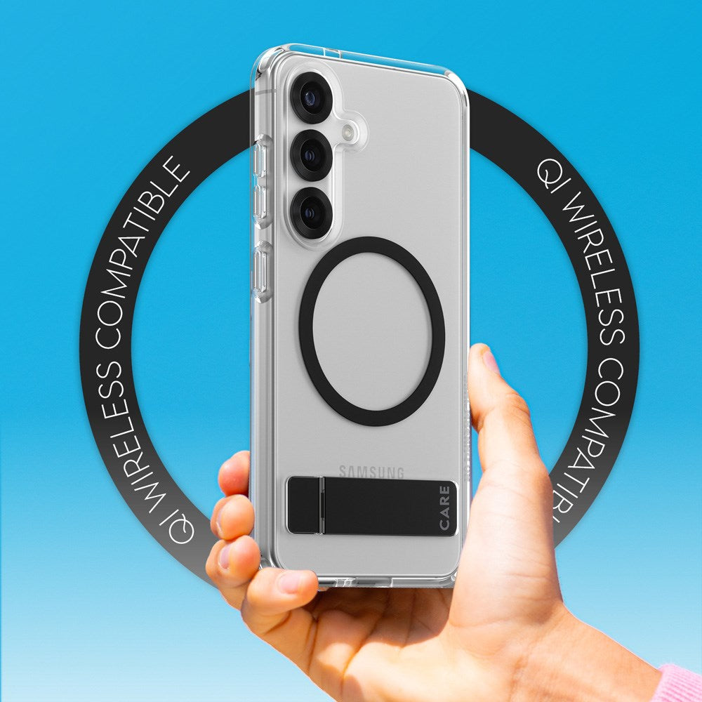 CARE by PanzerGlass Samsung Galaxy S25 Feature Kickstand Skal - Qi Kompatibel - Transparent / Black