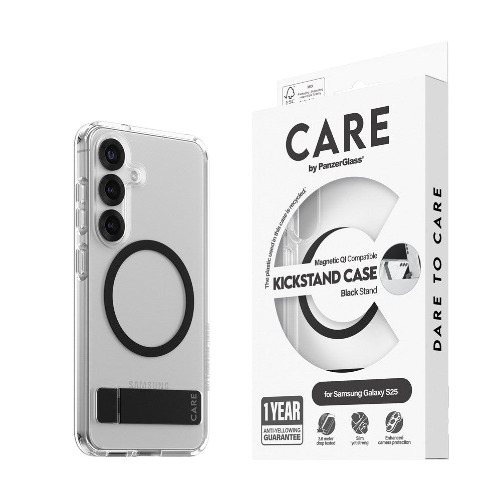 CARE by PanzerGlass Samsung Galaxy S25 Feature Kickstand Skal - Qi Kompatibel - Transparent / Black