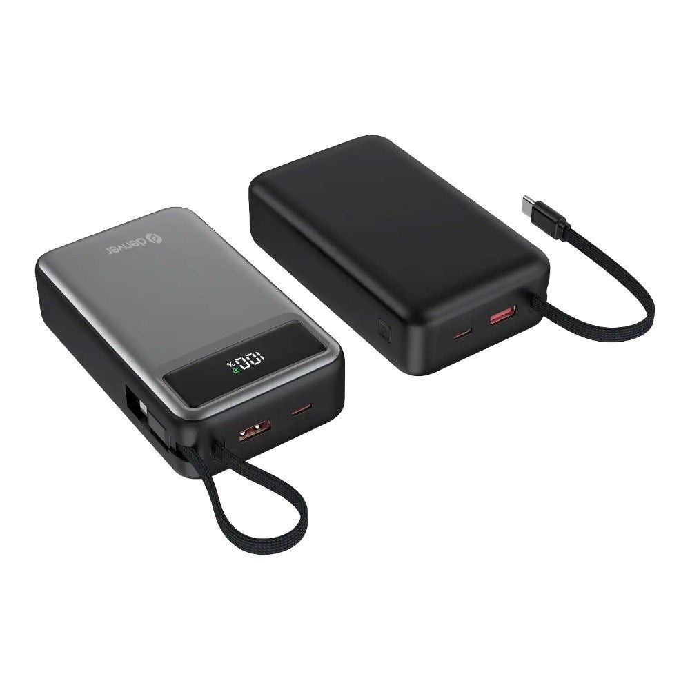 Denver PQCA-20650 65W PowerBank m. USB-A / USB-C / Inbyggd USB-C Kabel - 20.000 mAh - Grå