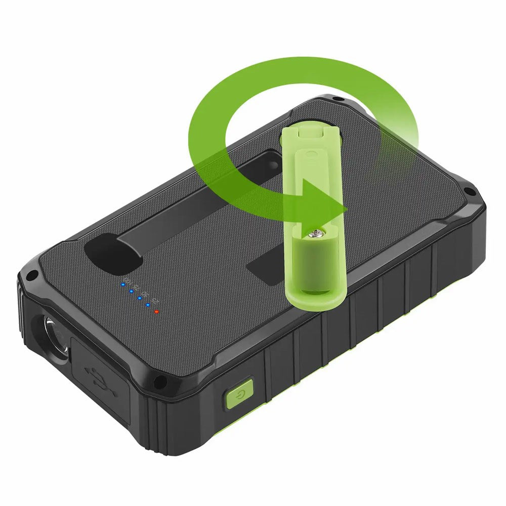 Denver PSO-10012 Solcells Powerbank m. Handvev & Ficklampa - 10.000 mAh - Svart / Grön