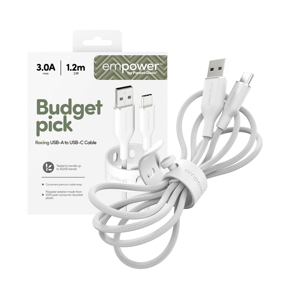 empower by PanzerGlass Racing 60W USB-A till USB-C Kabel – 1.2m – Silver White
