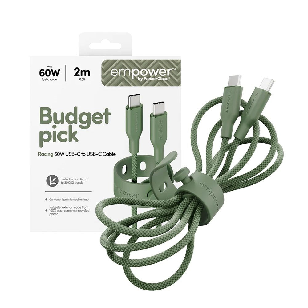 empower by PanzerGlass Racing 60W USB-C till USB-C Kabel – 2m – Sage