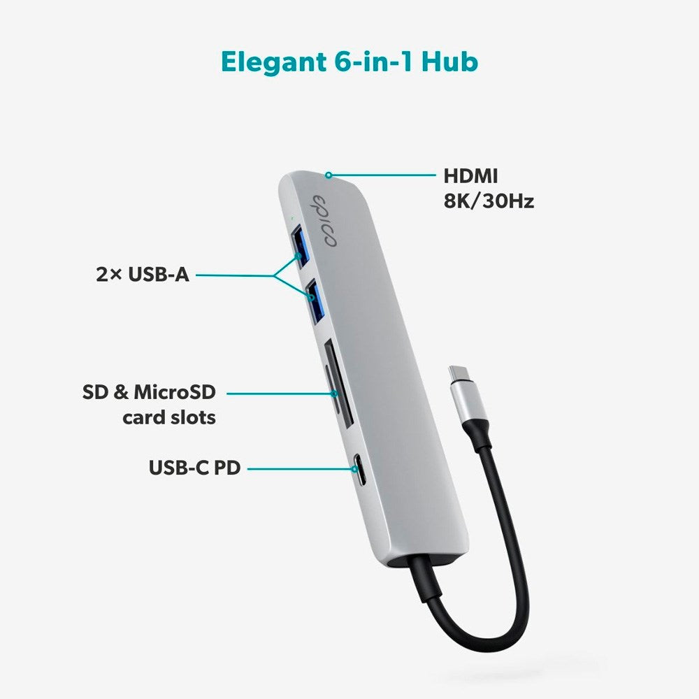 Epico 6-i-1 USB-C Adapter – Aluminium Design med 8K Oppløsning - Silver