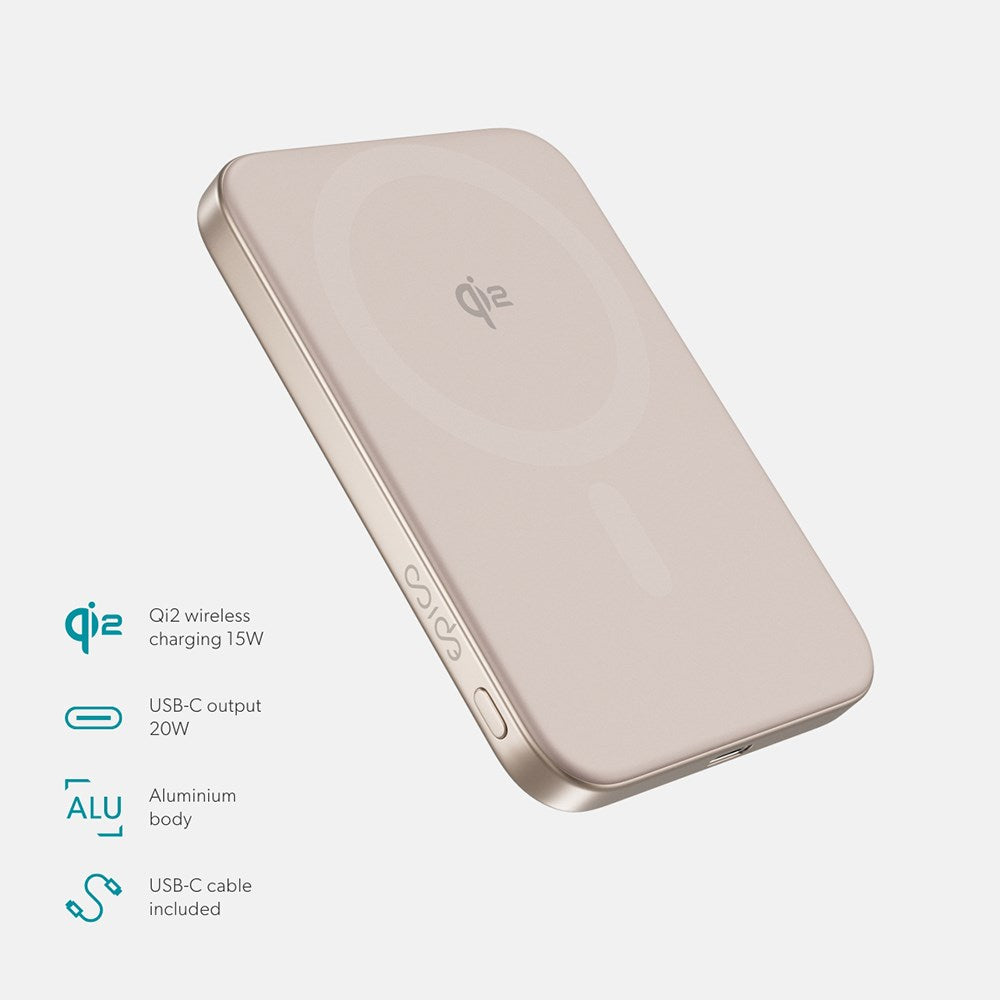 Epico 15W UltraPack EM51 Slim Alu Mag+ 5000 mAh Power Bank med USB-C - Qi2 / MagSafe Kompatibel - Desert Titanium