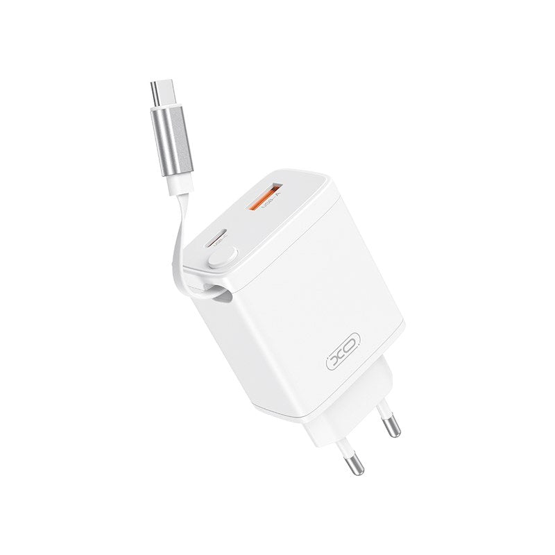 XO 30W Väggladdare 1 x USB-C 1 x USB-A med Indragbar USB-C-Kabel - Vit