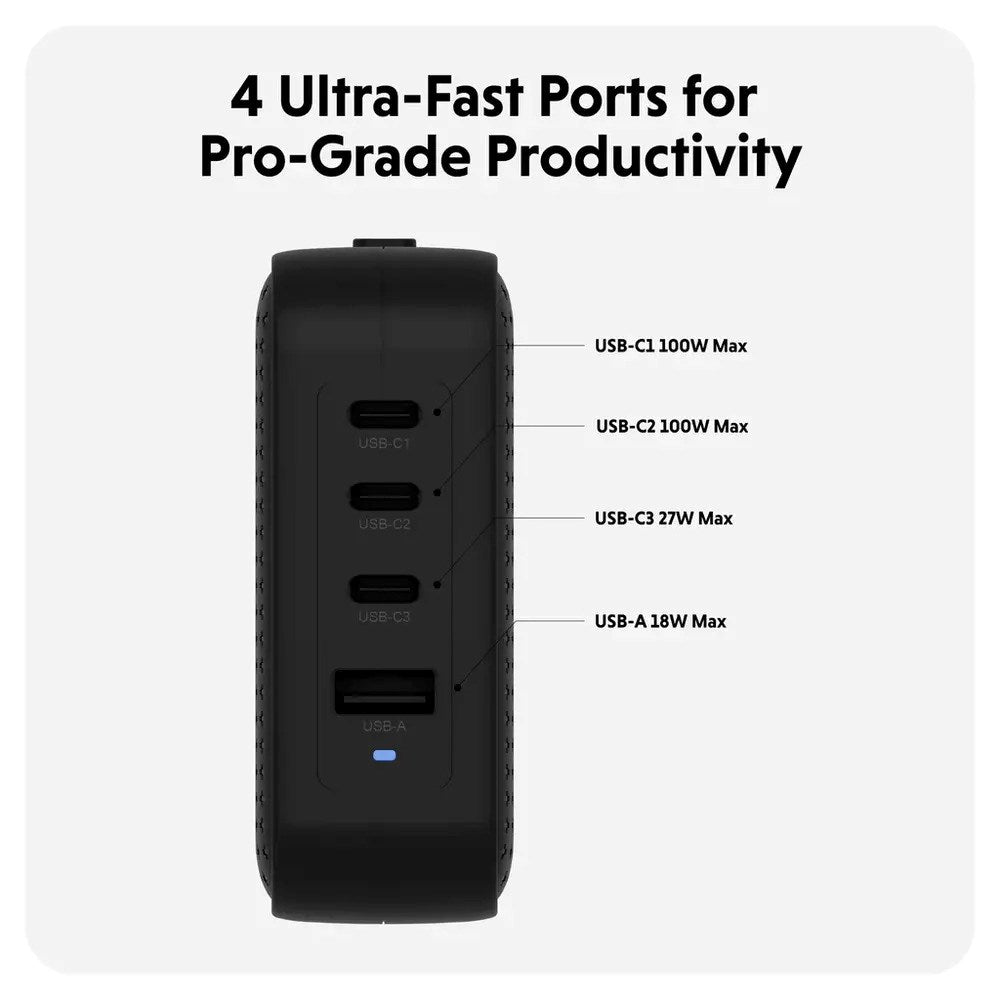 Targus HyperJuice 100W Reseladdare m. 1x USB-A & 3x USB-C - inkl. 4x Adapterkontakter - Svart