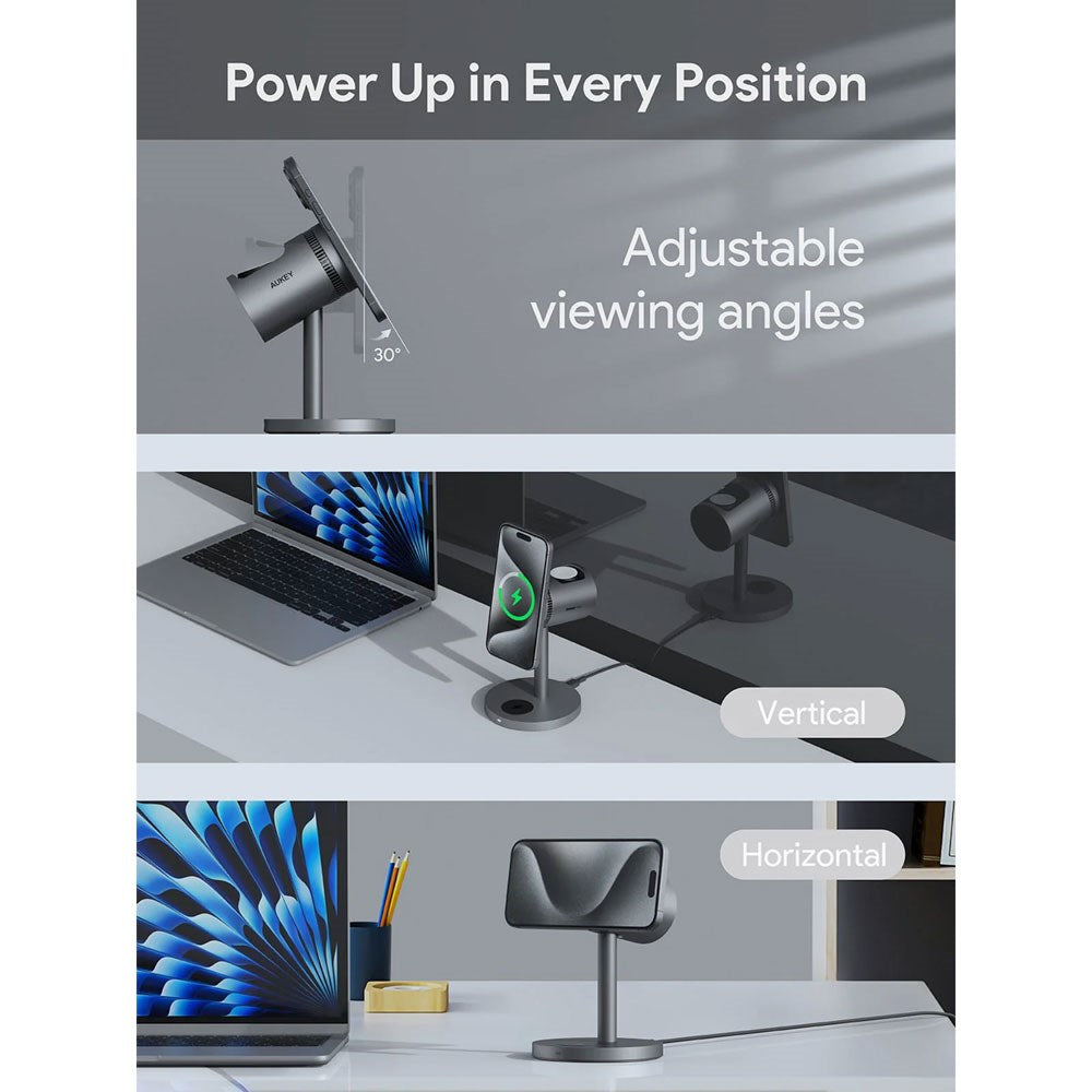Aukey MagFusion 3-i-1 15W Trådlös Laddare för Smartphone / Apple Watch / AirPods - MagSafe / Qi2 Kompatibel - Grå