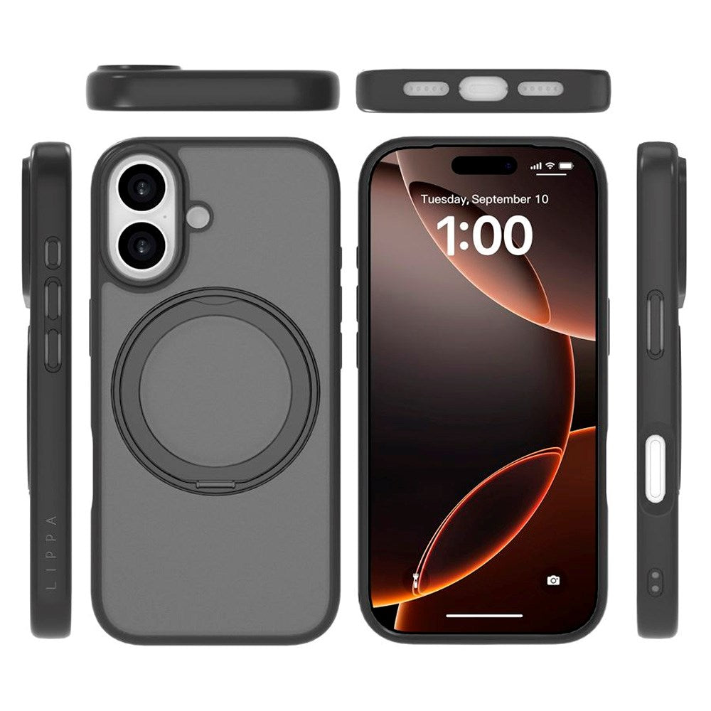 iPhone 17 Lippa Hybrid Plast Skal m. 360 Roterande Kickstand - MagSafe Kompatibel - Matt / Svart
