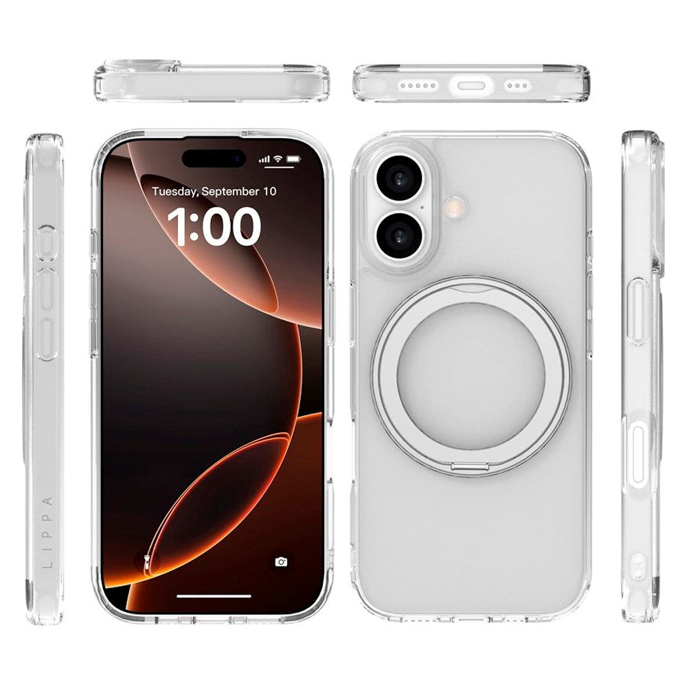 iPhone 17 Lippa Hybrid Plast Skal m. 360 Roterande Kickstand - MagSafe Kompatibel - Genomskinlig / Silver