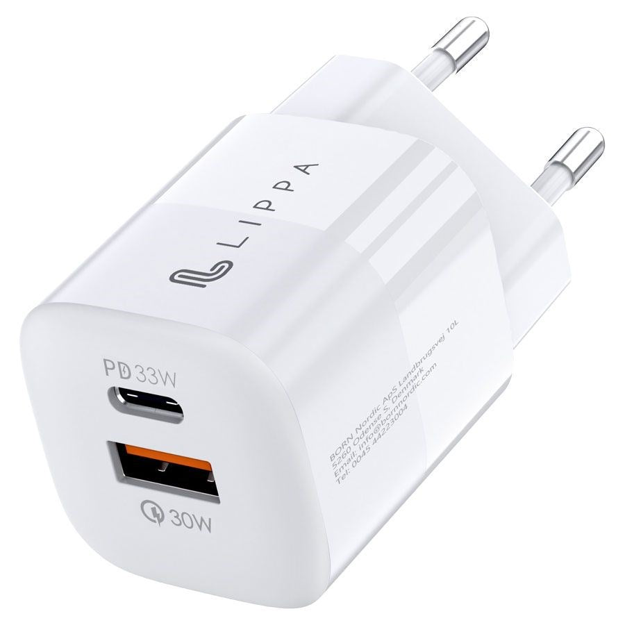 Lippa GaN Väggladdare 33W w. USB-C PD & USB-A QC - Vit