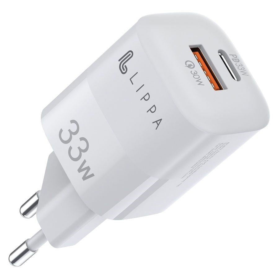 Lippa GaN Väggladdare 33W w. USB-C PD & USB-A QC - Vit