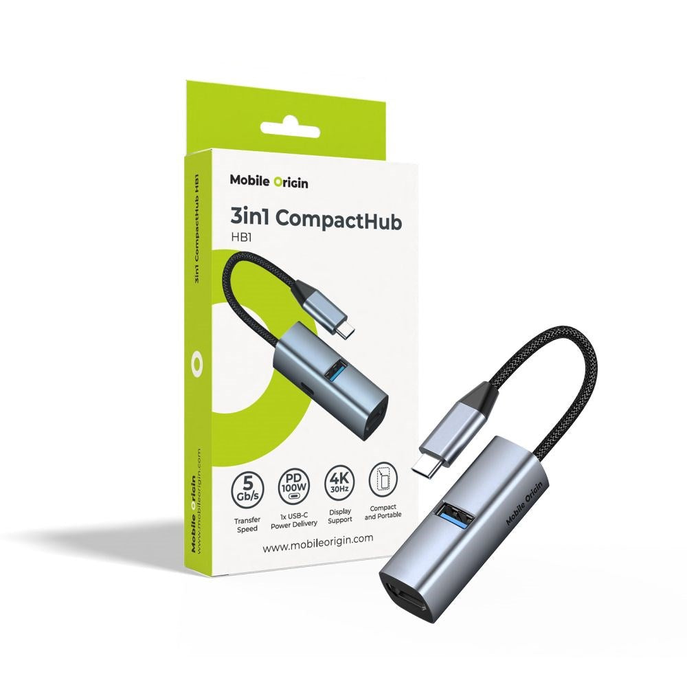 Mobile Origin 3-i-1 USB-C Hubb - USB-A / USB-C / HDMI - Grå