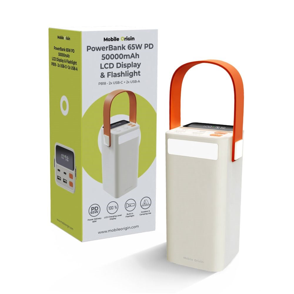 Mobile Origin 50 000 mAh Utomhuspowerbank med 65W - 2 x USB-C - 2 x USB-A - Ficklampa - Handtag - Vit