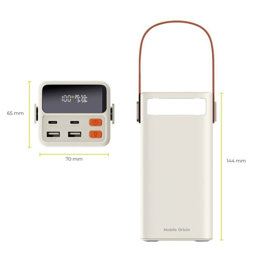 Mobile Origin 50 000 mAh Utomhuspowerbank med 65W - 2 x USB-C - 2 x USB-A - Ficklampa - Handtag - Vit