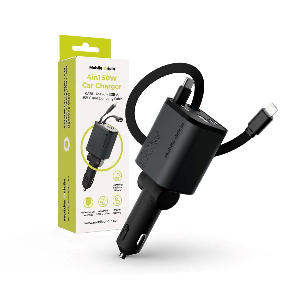 4-i-1 Billaddare Mobile Origin 50 W med USB-C- och USB-A-port Samt Utdragbar USB-C- och Lightning-kabel - Grå