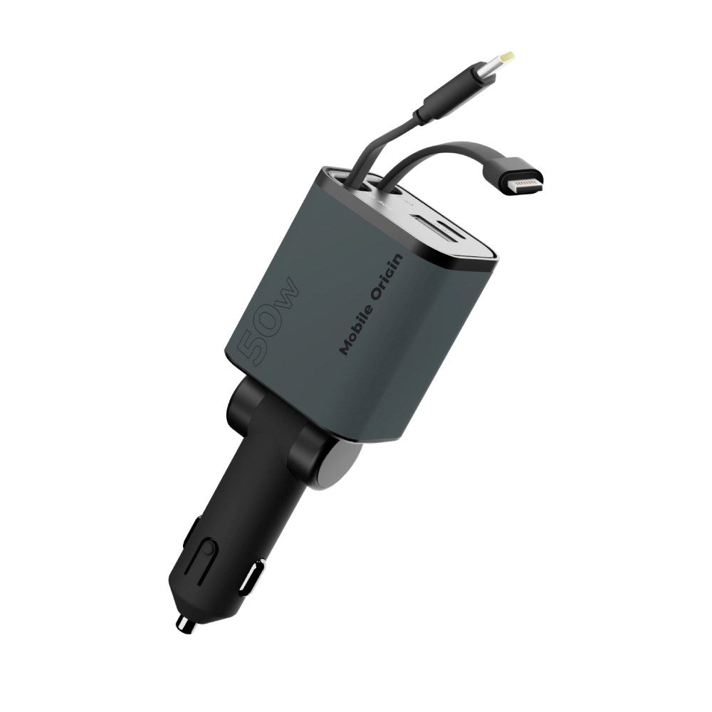 4-i-1 Billaddare Mobile Origin 50 W med USB-C- och USB-A-port Samt Utdragbar USB-C- och Lightning-kabel - Grå