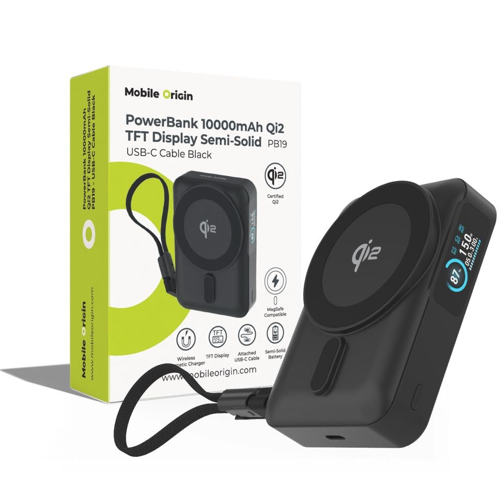 Mobile Origin 10 000 mAh Powerbank med Trådlös Laddning / Inbyggd USB-C Kabel - MagSafe / Qi2 Kompatibel - Svart