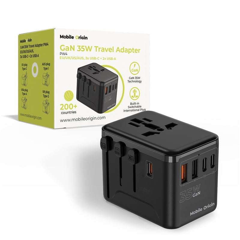 Reseladdare Mobile Origin GaN 35W - EU / UK / USA / AUS - Svart