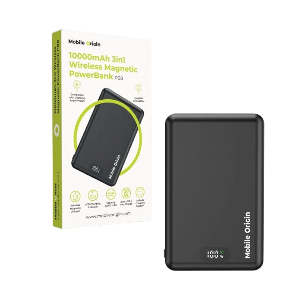 3-i-1 Powerbank 10000mAh Mobile Origin m. Trådlös laddning – MagSafe-kompatibel – Svart