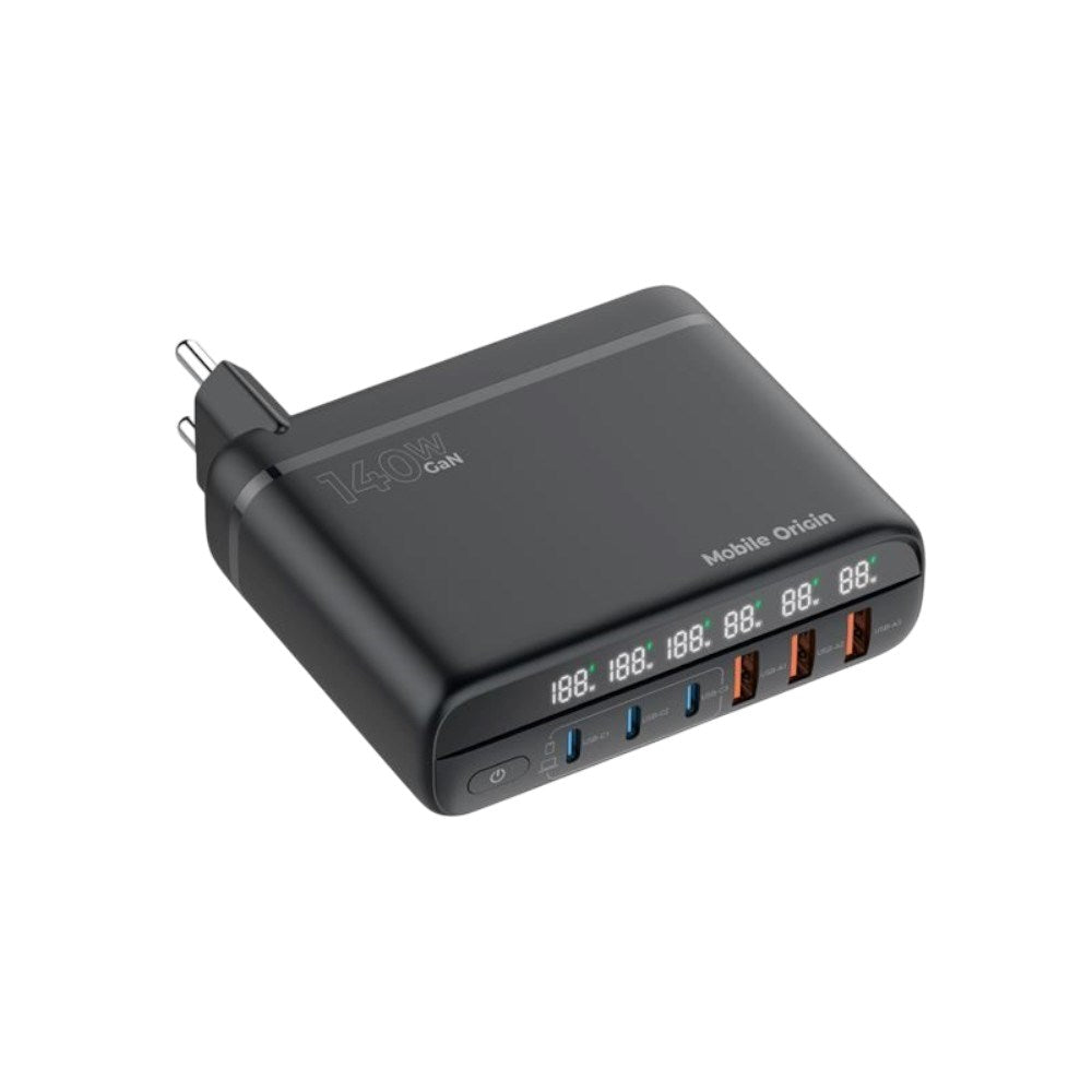 6-i-1 Reseadapter För EU/UK/USA Mobile Origin - 3x USB-C + 3x USB-A – Svart
