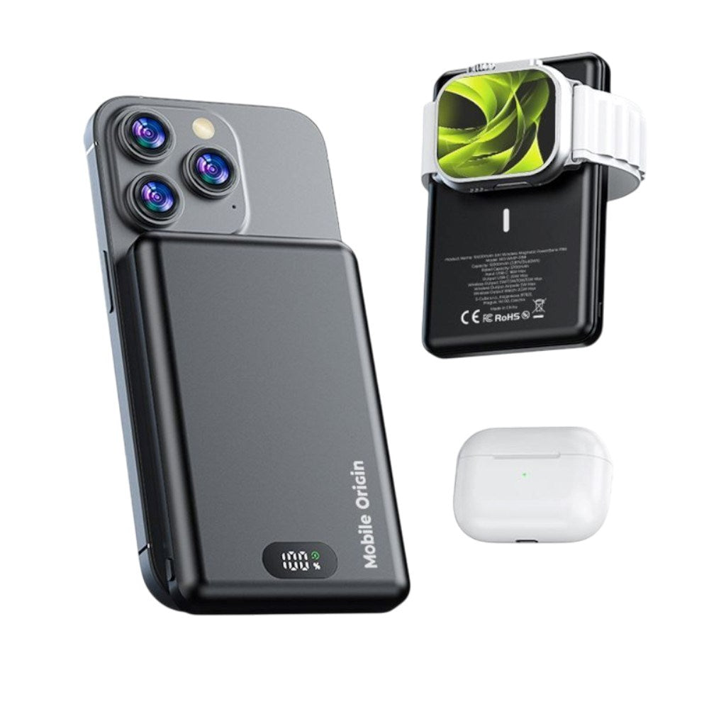 3-i-1 Powerbank 10000mAh Mobile Origin m. Trådlös laddning – MagSafe-kompatibel – Svart