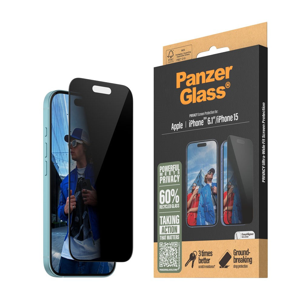 iPhone 15 / 16 PanzerGlass Ultra Wide Fit Skärmskydd m. EasyAligner - Privacy - Diamond Strength - Genomskinlig / Svart Kant