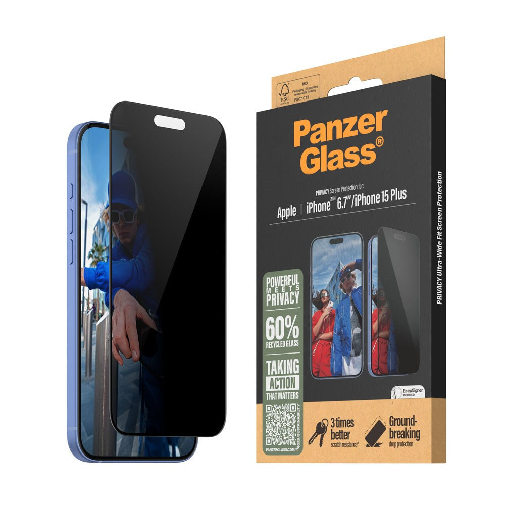 iPhone 15 Plus / 16 Plus PanzerGlass Ultra Wide Fit Skärmskydd m. EasyAligner - Privacy - Diamond Strength - Genomskinlig / Svart Kant
