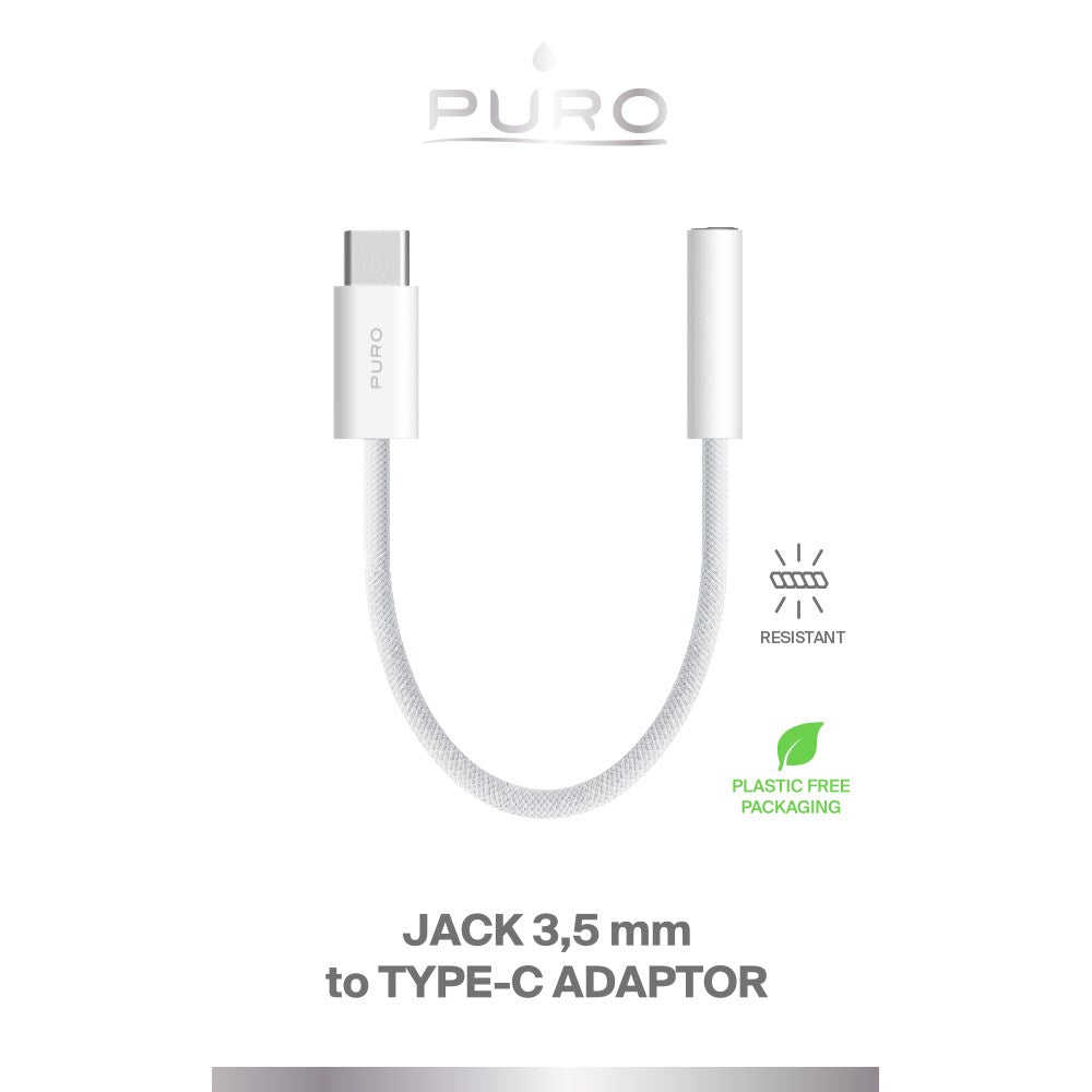 Puro Flätad Adapter USB-C till 3,5 mm Jack - 15 cm - Vit