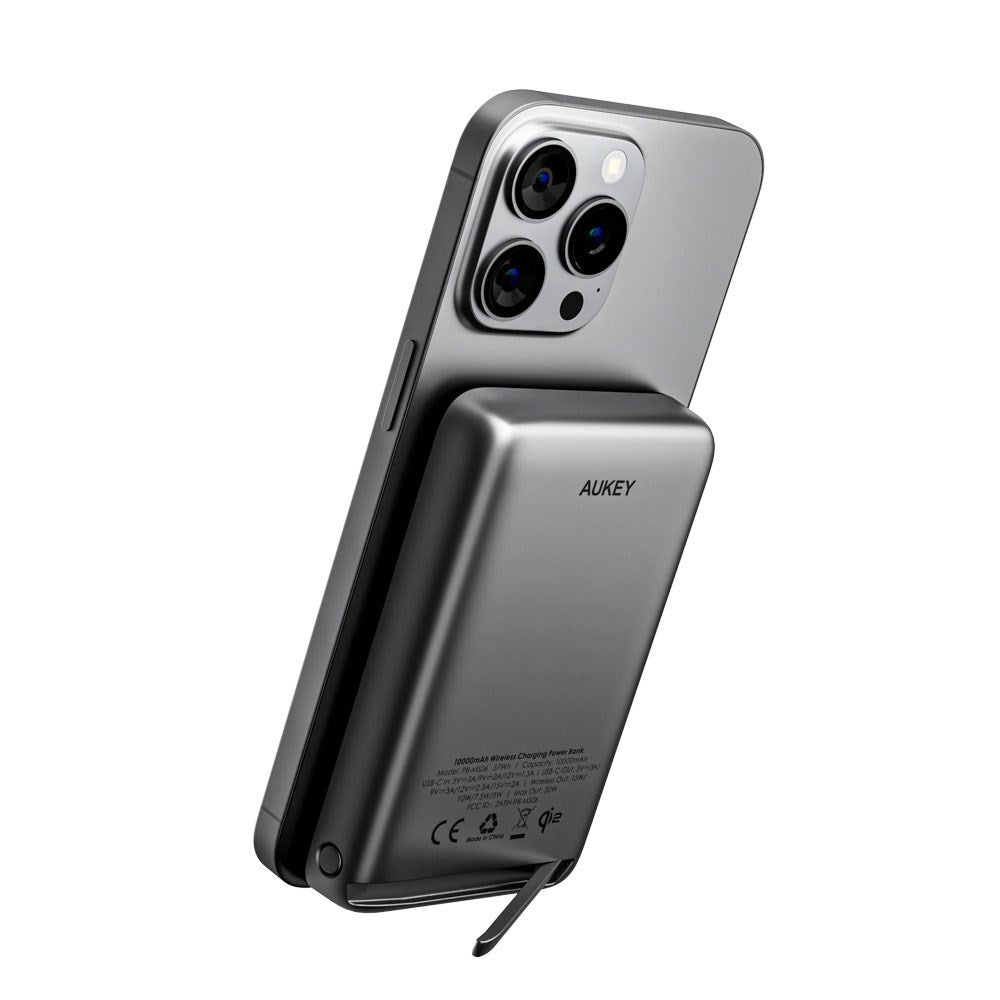 Aukey MagFusion 10 000 mAh Powerbank med Trådlös Laddning & Stativfunktion - MagSafe / Qi2 Kompatibel - Grå