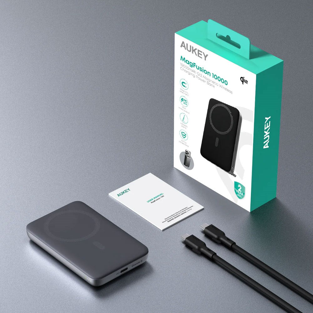 Aukey MagFusion 10 000 mAh Powerbank med Trådlös Laddning & Stativfunktion - MagSafe / Qi2 Kompatibel - Grå