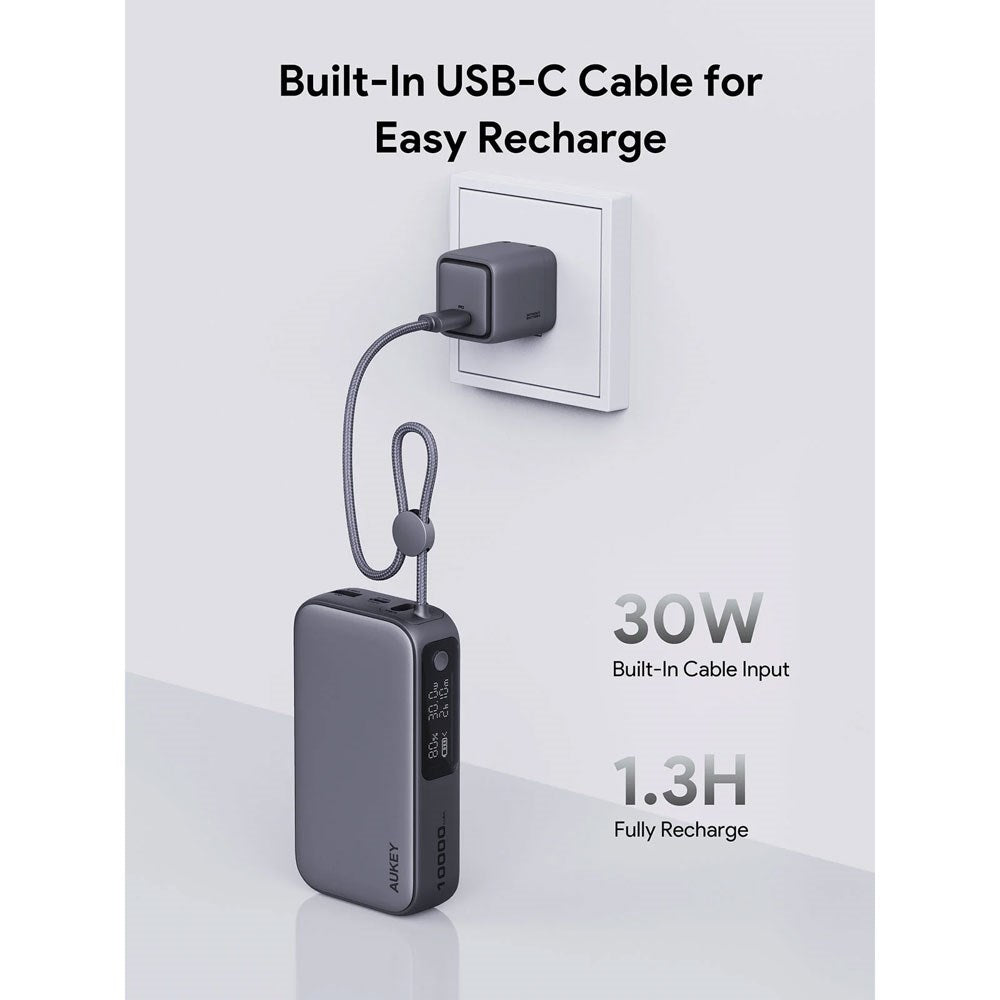 Aukey Spark Sling Powerbank med Inbyggd USB-C Kabel & Display - 10 000 mAh - 30W - 1 x USB-C - 1 x USB-A - Grå