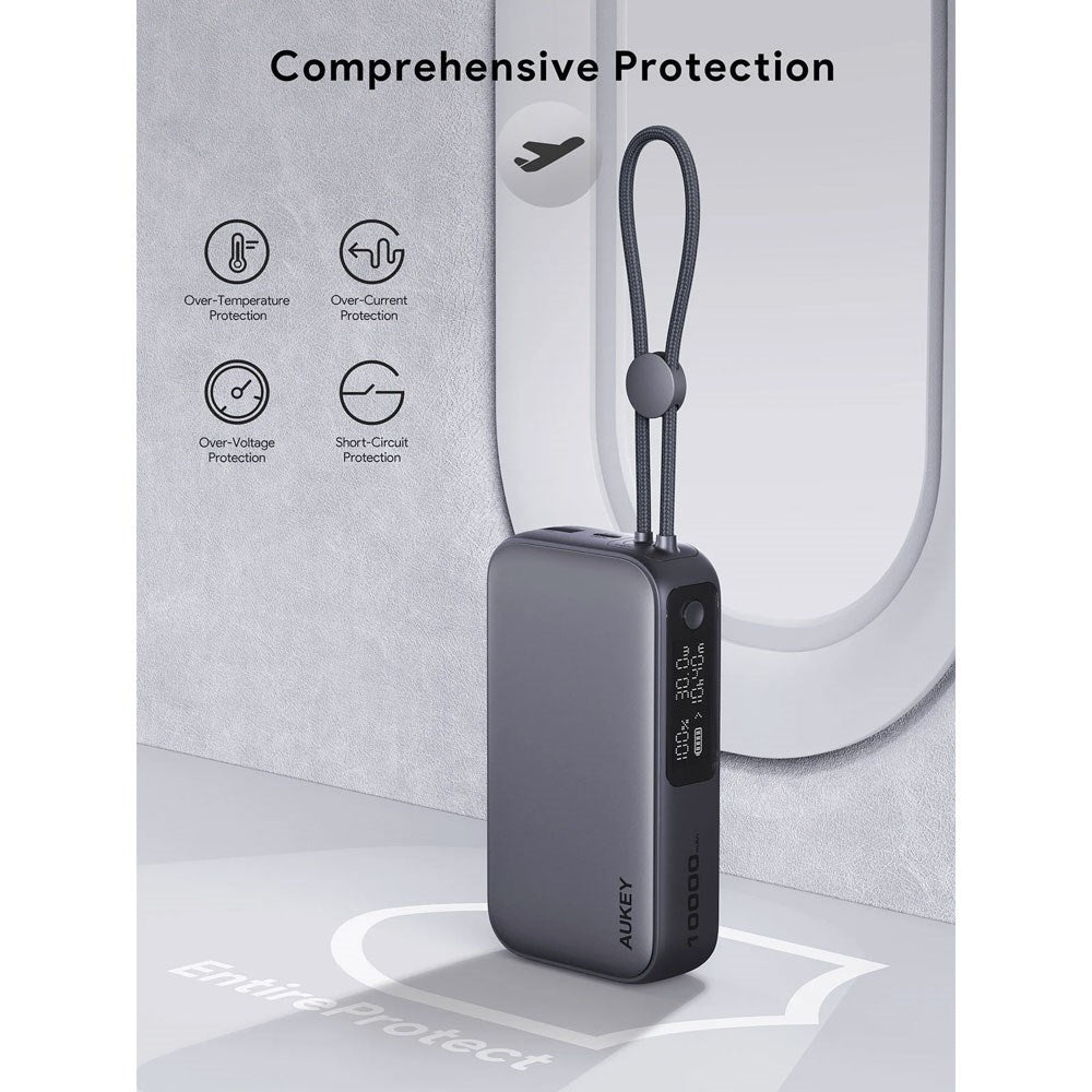 Aukey Spark Sling Powerbank med Inbyggd USB-C Kabel & Display - 10 000 mAh - 30W - 1 x USB-C - 1 x USB-A - Grå