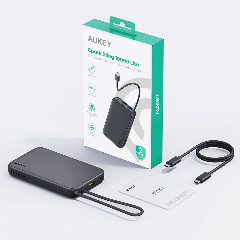 Aukey Spark Sling Powerbank med Inbyggd USB-C Kabel - 10 000 mAh - 20W - 1 x USB-C - 1 x USB-A - Grå