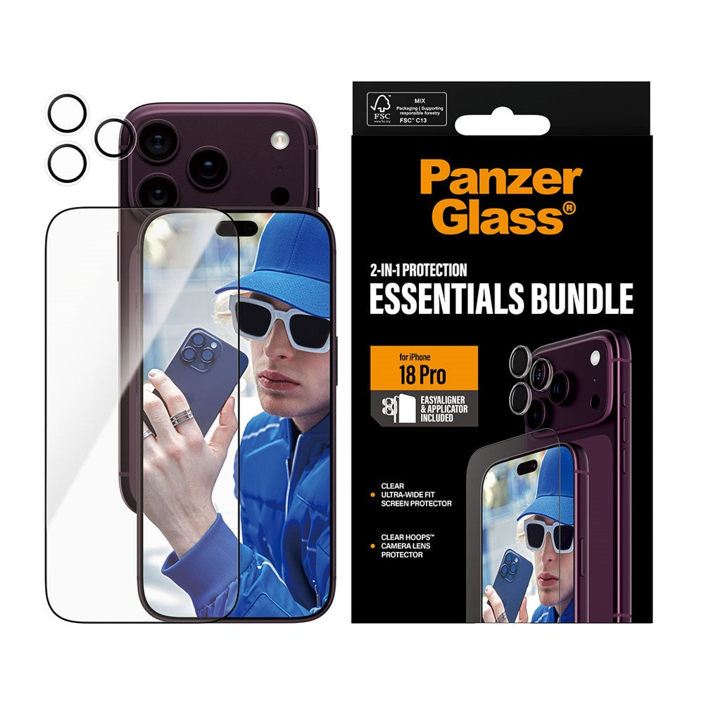 iPhone 18 Pro PanzerGlass Essentials 2-in-1 Bundle med EasyAligner / Skärmskydd (UWF) / Hoops Kameraskydd - Genomskinlig