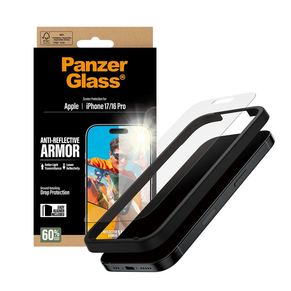 PanzerGlass iPhone 17 / 16 Pro Ultra Wide Fit Skärmskydd med EasyAligner - Anti-Reflective - Genomskinlig