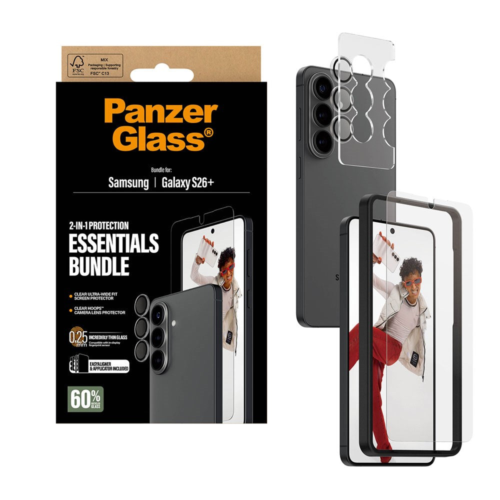 Samsung Galaxy S26+ (Plus) PanzerGlass Hoops 2-in-1 Bundle med EasyAligner / Skärmskydd (UWF) / Hoops Kameraskydd - Genomskinlig
