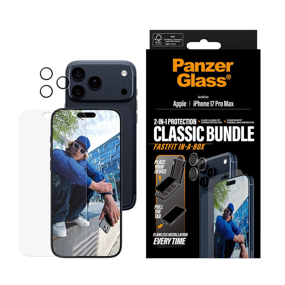 PanzerGlass iPhone 17 Pro Max 2-in-1 Classic Bundle - Skärmskydd + Kameralinsskydd - Genomskinlig