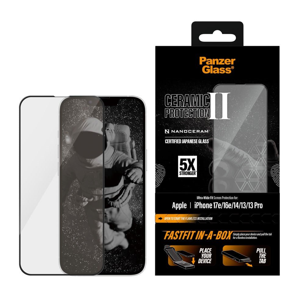 iPhone 17e / 16e / 14 / 13 / 13 Pro PanzerGlass Ceramic Ultra-Wide Fit Skärmskyddsglas – FastFit In-A-Box – Genomskinlig