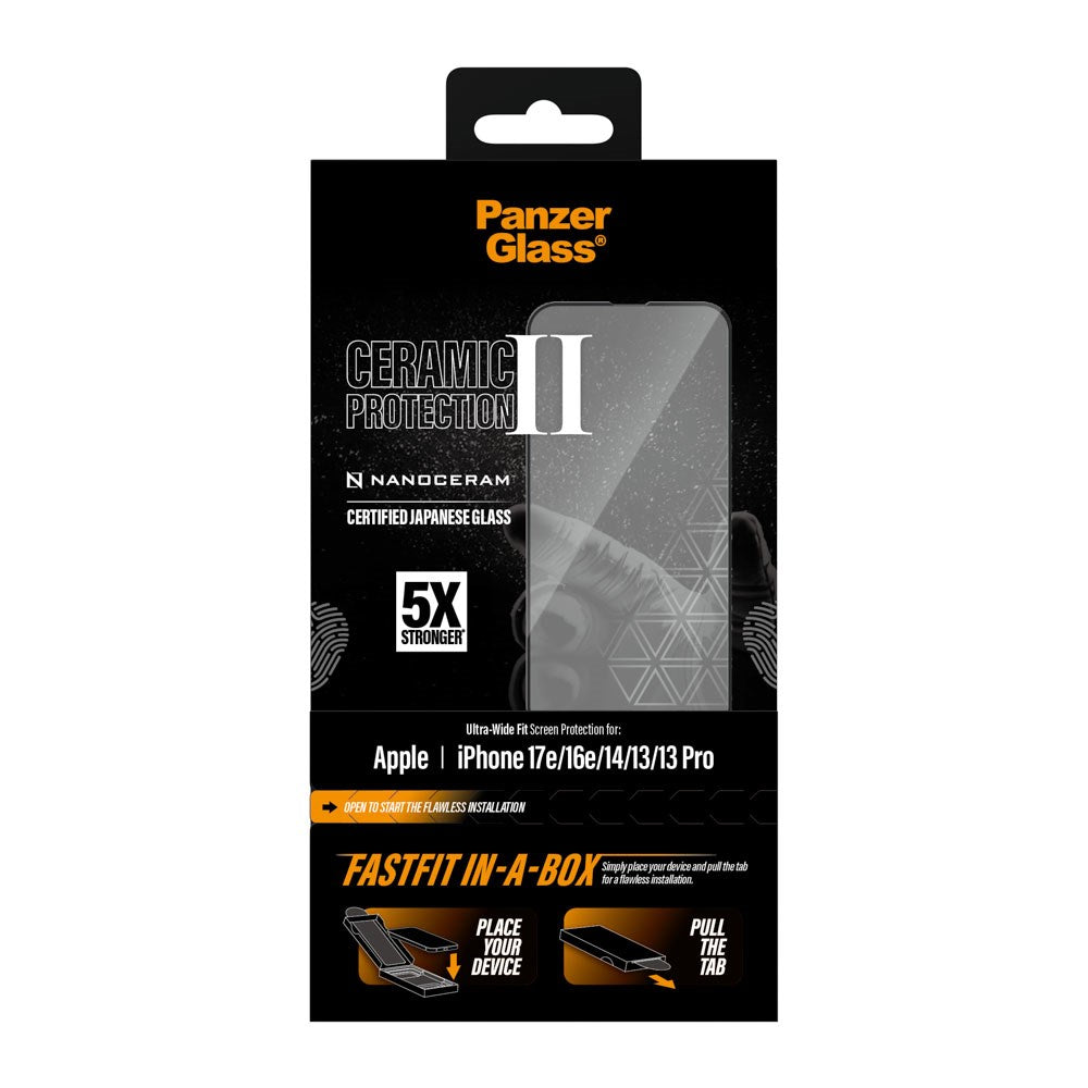iPhone 17e / 16e / 14 / 13 / 13 Pro PanzerGlass Ceramic Ultra-Wide Fit Skärmskyddsglas – FastFit In-A-Box – Genomskinlig