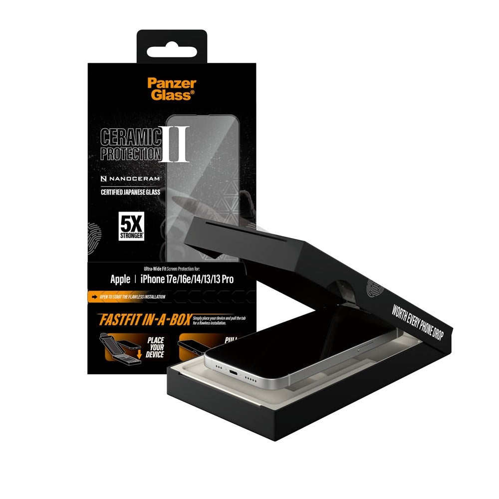 iPhone 17e / 16e / 14 / 13 / 13 Pro PanzerGlass Ceramic Ultra-Wide Fit Skärmskyddsglas – FastFit In-A-Box – Genomskinlig