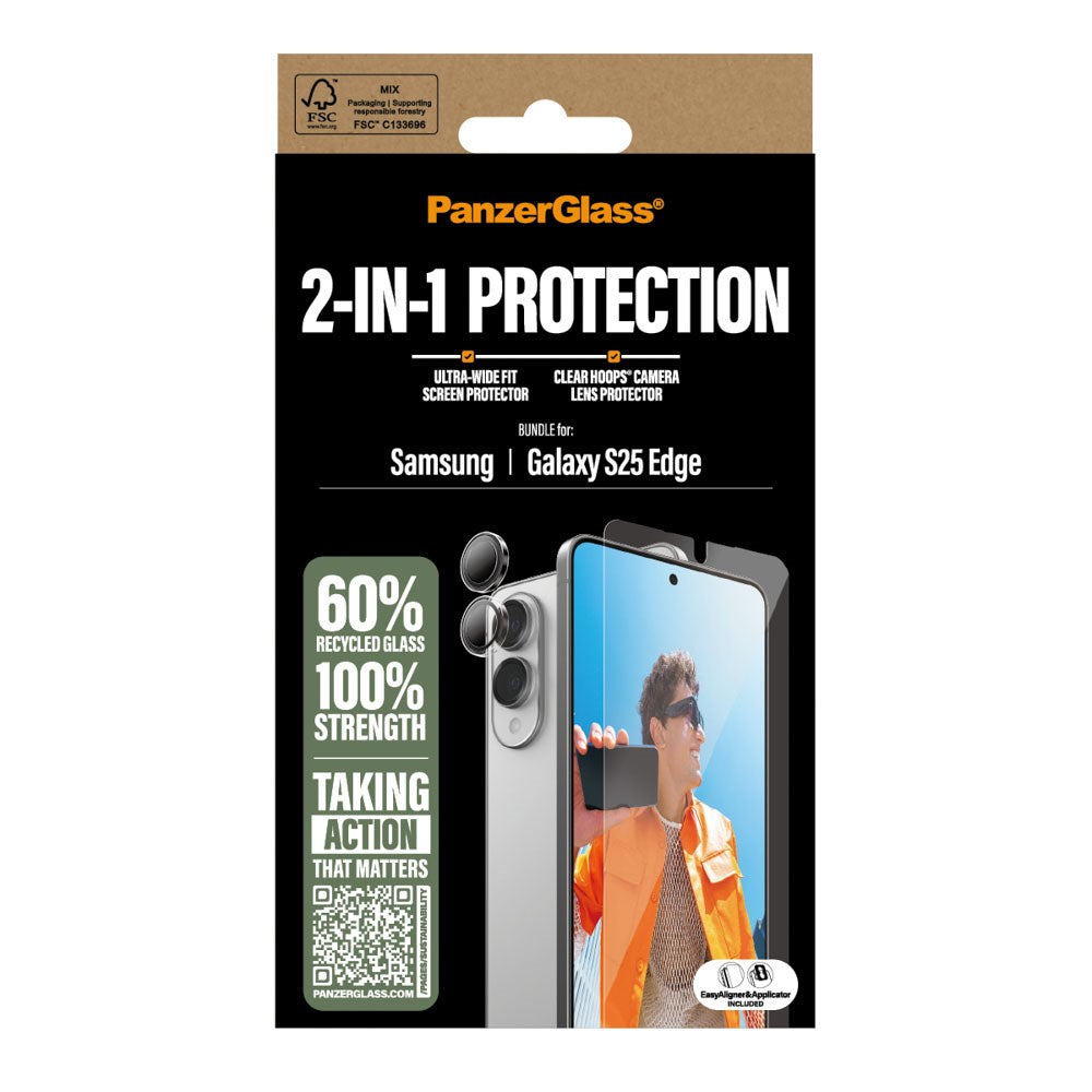 Samsung Galaxy S25 Edge PanzerGlass 2-i-1 Bundle m. EasyAligner - Skärmskydd (UWF) / Kameraskydd - Genomskinlig / Svart