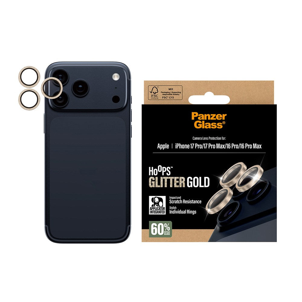 PanzerGlass iPhone 17 Pro / 17 Pro Max / 16 Pro / 16 Pro Max Hoops Kameralinsskydd med Installationsram - Glittrigt Guld
