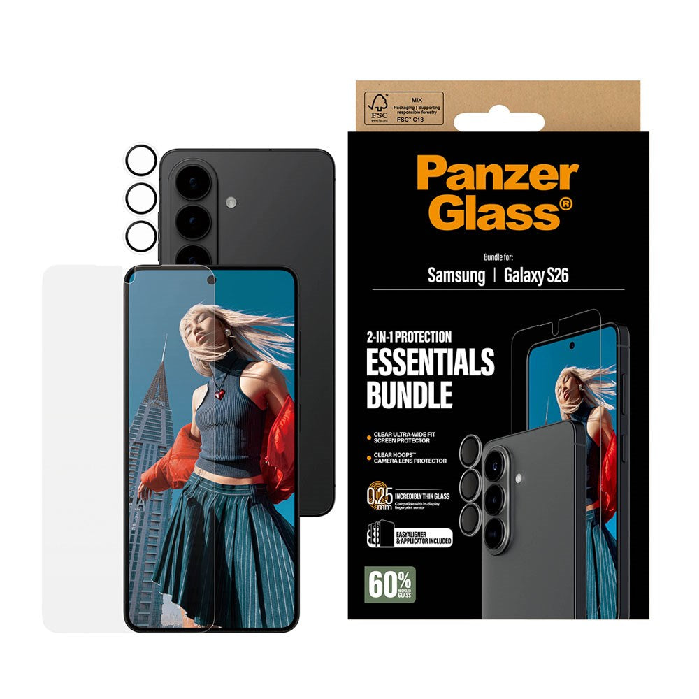 Samsung Galaxy S26 PanzerGlass Hoops 2-in-1 Bundle med EasyAligner / Skärmskydd (UWF) / Hoops Kameraskydd - Genomskinlig