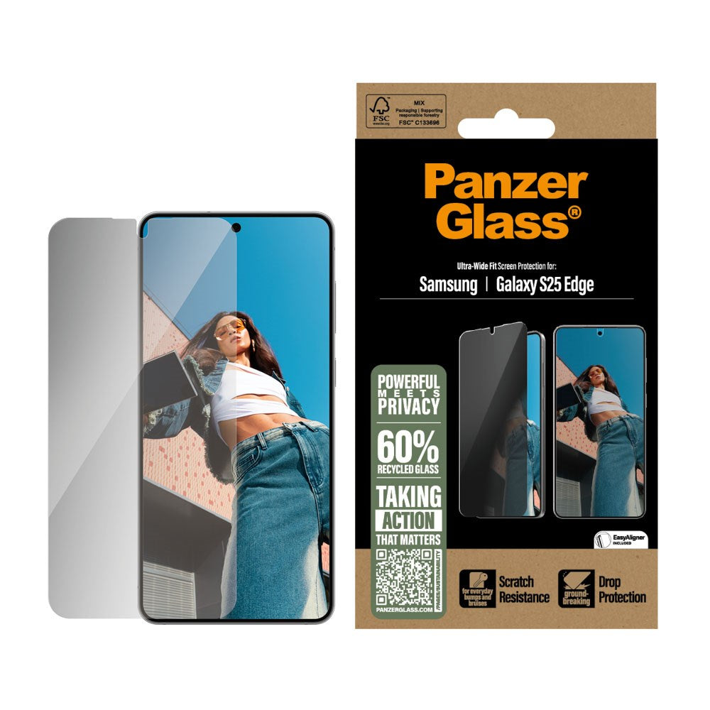 Samsung Galaxy S25 Edge PanzerGlass Ultra Wide Fit Skärmskydd m. EasyAligner - Privacy - Genomskinlig