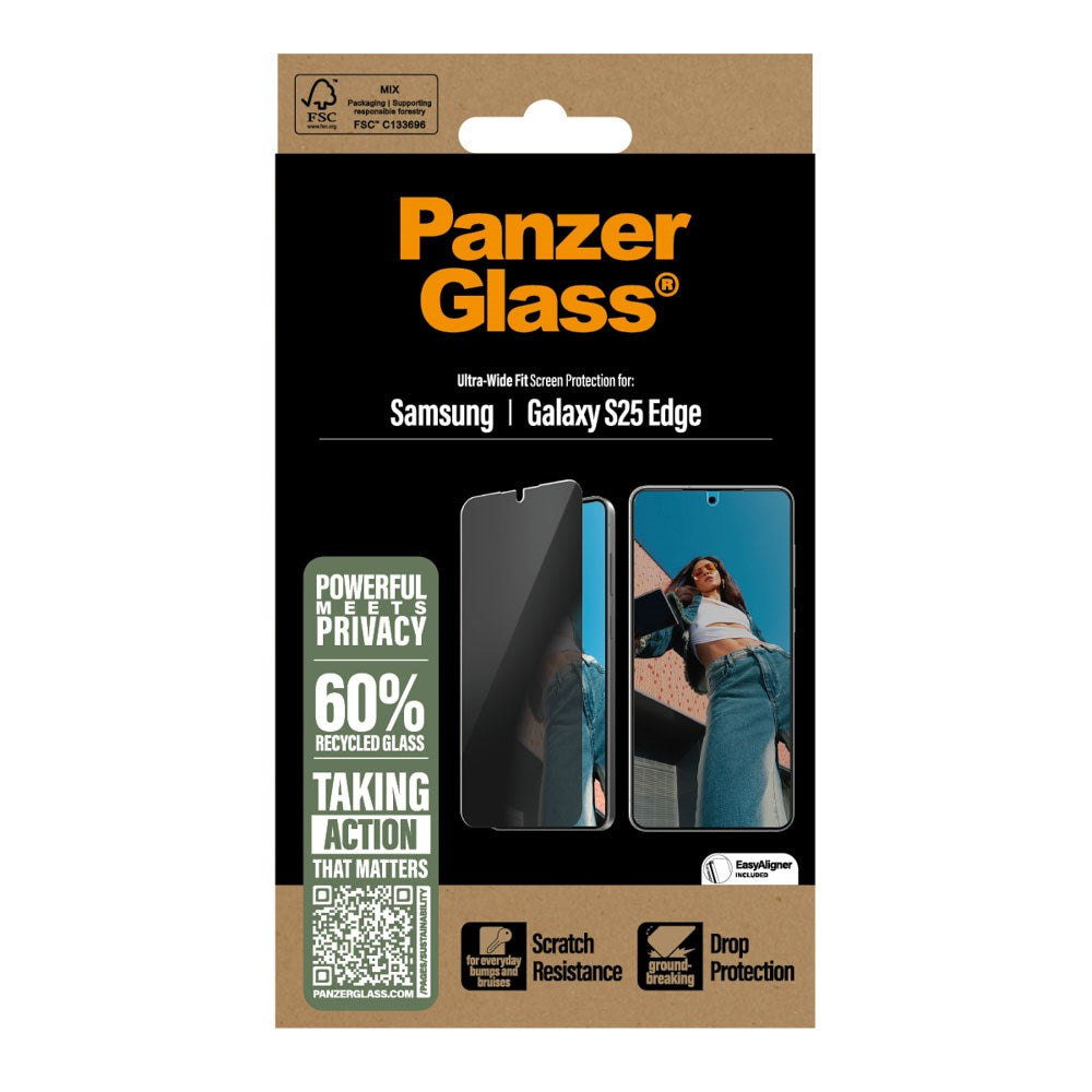 Samsung Galaxy S25 Edge PanzerGlass Ultra Wide Fit Skärmskydd m. EasyAligner - Privacy - Genomskinlig