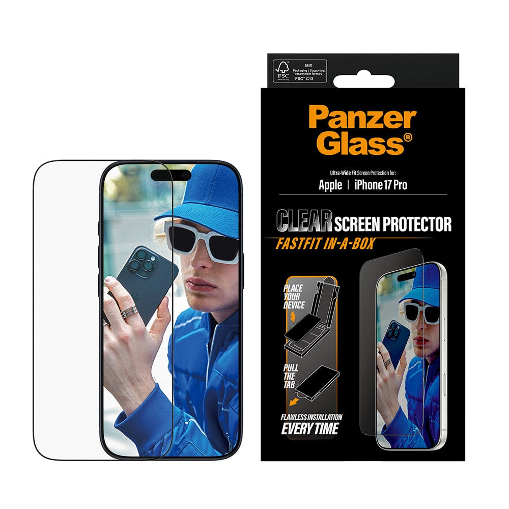 PanzerGlass iPhone 17 Pro Skärmskyddsglas med FastFit In-A-Box - Ultra Wide Fit - Genomskinlig